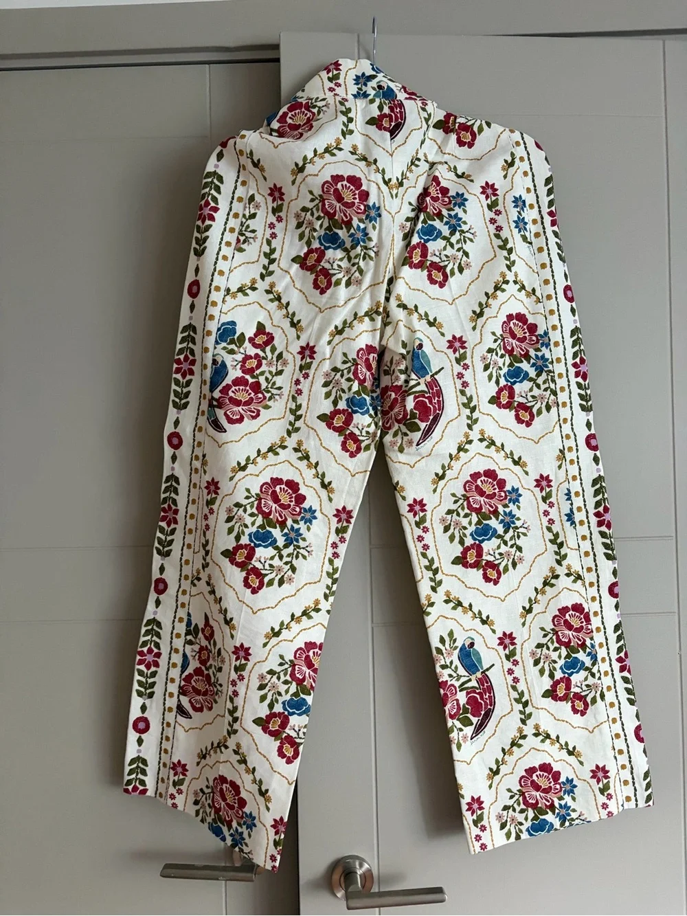 Sezane x Farm Rio Tiago Trousers Linen Cotton Red Floral & Blue Bird BARELY WORN